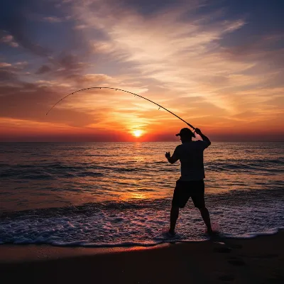 An angler powerfully casting a long surf rod into the ocean at sunrise.