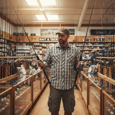An angler thoughtfully examining a selection of spinning and baitcasting rods in a tackle shop
