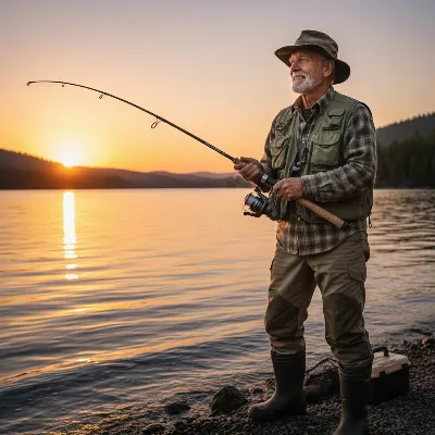 Experienced angler confidently holding an Ugly Stik GX2 spinning rod by a serene lake at sunset, showcasing durability