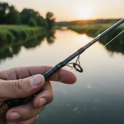 An angler carefully inspecting a damaged fishing rod guide, highlighting the frustration of broken equipment