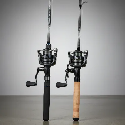 Two different bass fishing rods side-by-side, one baitcasting rod and one spinning rod, showcasing their distinct reel positions and handle designs, on a tackle shop background with soft studio lighting, realistic style