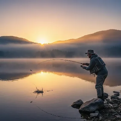 An angler skillfully casting a lure into a calm lake, demonstrating a common bass fishing technique with focus on the fishing rod, during a beautiful sunrise, realistic style
