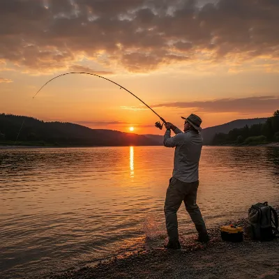 An angler casting a long, heavy-duty catfish rod from a riverbank at dusk.