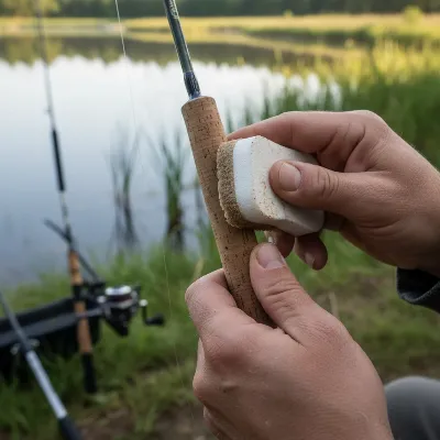 An angler carefully cleaning a cork fishing rod grip with a damp Magic Eraser, showing the process of removing dirt.