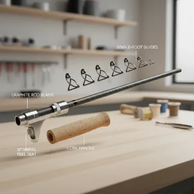 Detailed illustration of various custom fishing rod components including rod blank, reel seat, handle, and guides.