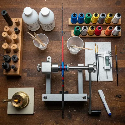 Assortment of essential DIY fishing rod building tools laid out on a workbench, including a hand wrapper, reamers, epoxy, and thread.