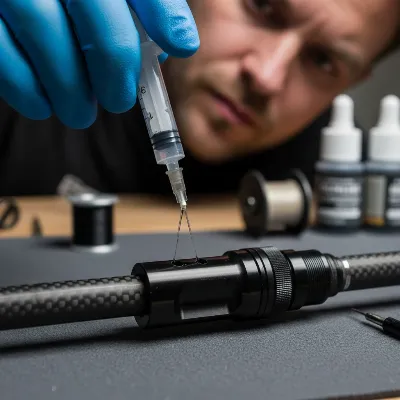 Hand injecting two-part epoxy into a fishing rod reel seat to permanently fix a loose bond on the blank