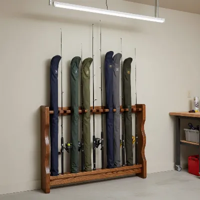 Fishing rods stored vertically on a rack in a garage, showcasing proper storage practices