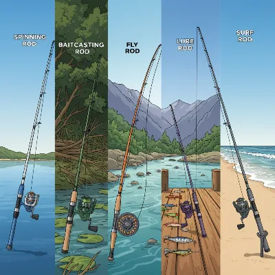A side-by-side comparison of different fishing rod types like spinning, baitcasting, and fly rods, showing their distinct designs and features, set against a background of various fishing environments like a lake, river, and ocean. This is an illustrative, editorial image with clear distinctions.