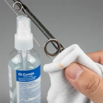 Close-up of a freshwater fishing rod's guides showing signs of rust after saltwater exposure, with a cleaning cloth and freshwater spray bottle in the background.