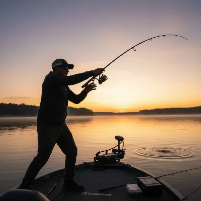 An angler holding a G. Loomis NRX+ bass fishing rod mid-cast on a serene lake at sunrise. The rod is slightly bent, indicating action, with a bass boat visible in the background and soft, golden light reflecting on the water. The focus is on the action and the natural fishing environment, showing the rod in use.