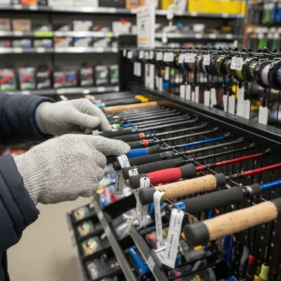 An angler carefully selecting different types of ice fishing rods from a rack, showing various lengths and powers for different fish species, in a tackle shop setting with soft, inviting light, realistic style
