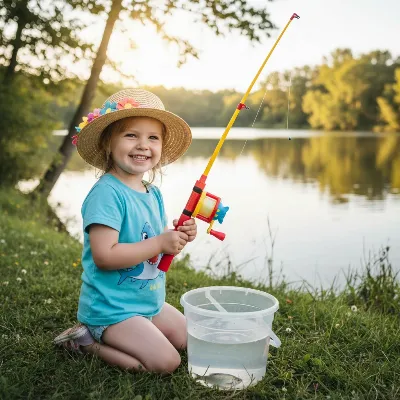 Young child proudly holding a colorful Disney-themed fishing rod combo, smiling brightly with a small fish in a clear bucket.