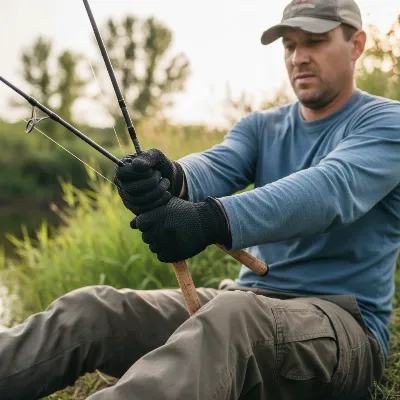 Angler demonstrating the "knees and grip" method to unstick a two-piece fishing rod safely