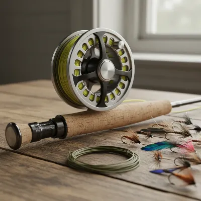 A close-up of various fly fishing gear components, including a rod, reel, and flies, laid out on a wooden surface.