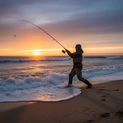 Angler casting Penn Battle III Spinning Rod into ocean surf at sunrise