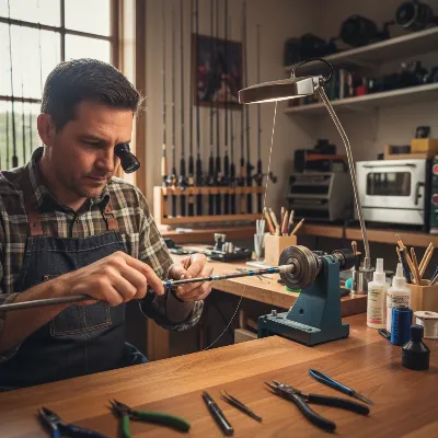 A skilled rod builder working on a fishing rod with specialized tools in a workshop setting