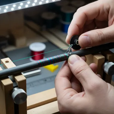 A close-up of hands meticulously wrapping thread around a new fishing rod guide on a rod blank