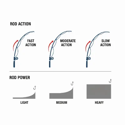 An infographic illustrating different fishing rod actions (fast, moderate, slow) and powers (light, medium, heavy).