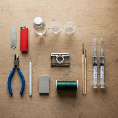 An organized flat lay of all essential fishing rod guide repair tools and materials on a workbench
