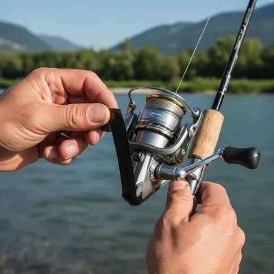 Angler's hands wrapping electrical tape around a fishing reel foot to fix a loose reel seat on a rod