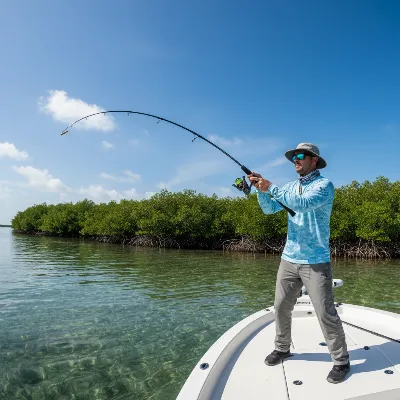 An angler holding a Shimano Teramar rod, standing on a boat in clear inshore saltwater, casting towards mangrove trees, illustrating the versatility and regional design of the rod.