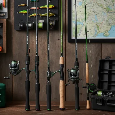 St. Croix Mojo Bass fishing rods displayed, highlighting various types like casting, spinning, and glass models
