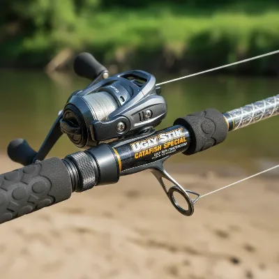 Close-up of an Ugly Stik Catfish Special fishing rod, highlighting its robust construction.