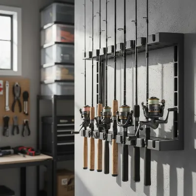 A vertical wall-mounted fishing rod rack holding multiple rods in a small, organized garage.
